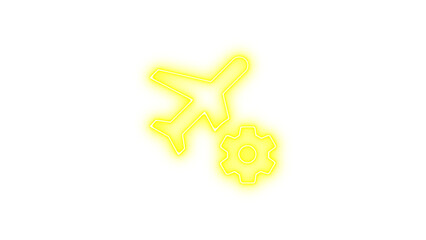 Neon icon of an airplane with a gear symbol, representing aviation technology, Neon airplane cog icon glow with transparent background