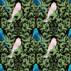 Vintage seamless pattern with birds in crowns and a pattern of leaves and flowers.