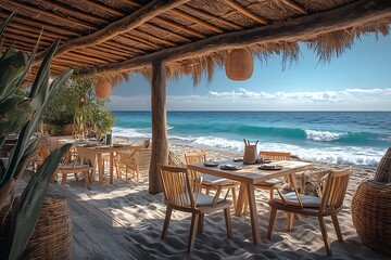 Fototapeta premium Empty beach restaurant waiting for guests high resolution picture