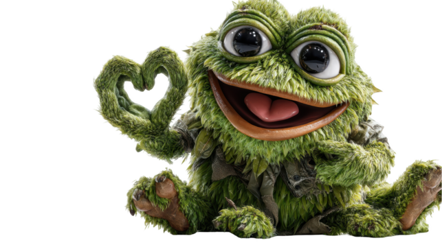 Green Furry Creature Making a Heart Shape Isolated on Transparent Background On Transparent Background