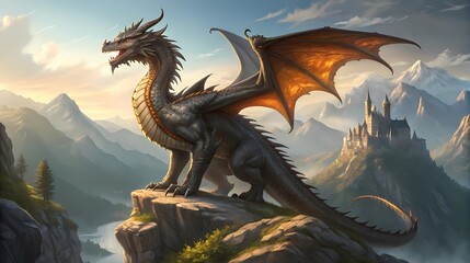 Majestic Dragon Perched Above Fantasy Realm Overlooking Castle in the Mountainous Terrain