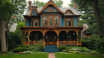 Fototapeta premium Victorian Dream House: A Majestic Teal and Gold Mansion