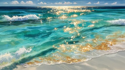 Obraz premium Serene Ocean Waves Tropical Beach Nature Scene Morning Light Wide Angle Tranquility and Beauty