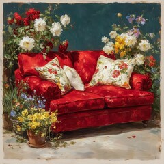 Vibrant Floral Arrangement on Cozy Red Couch Indoor Setting Home Decor Lively Atmosphere Artistic Perspective