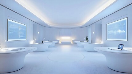 Innovation hub futuristic furniture collaborative workspaces surrounded inspiring digital displays walls room incorporates sleek white desks curved lines soft lighting foster creativity idea sharing