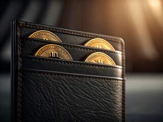 Closeup shot of bitcoins under the wallet.