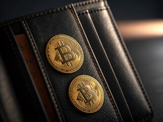 Bitcoin cryptocurrency coins in leather wallet. 
Closeup shot of bitcoin.