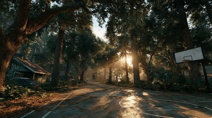 Naklejka premium Sunlit Basketball Court in a Serene Forest Setting with Trees and Shadows