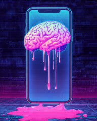 Brainrot from digital overload, melting brain dripping into smartphone screen, surreal pink and blue neon concept