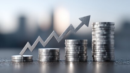 Business growth concept with stacked coins and an upward arrow symbolizing goals and success in finance