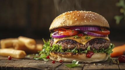 Delicious Gourmet Burger with Cheese, Vegetables, and Sesame Seed Bun