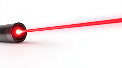 A sharp red laser beam isolated on a clean white background, emitting a focused and intense ray of light.
