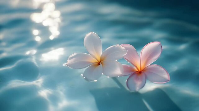 Pink And White Plumeria Flowers Floating On Clear Blue Water With Gentle Ripples And Soft Sunlight Reflections