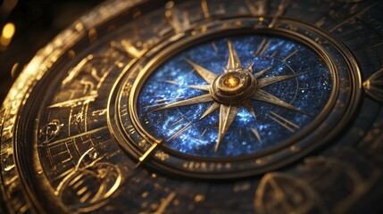 Obraz premium Elaborate gold celestial clock with blue galactic center and ornate carvings
