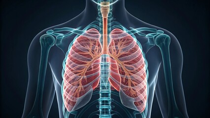 Detailed anatomical illustration of human respiratory system with lungs. 