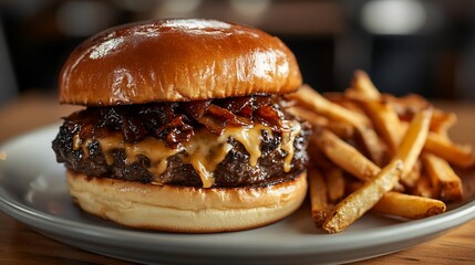 Gourmet cheeseburger with bacon and fries