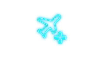 Obraz premium Neon airplane icon with a plus sign, symbolizing travel or aviation services, Neon airplane plus icon glow with transparent background