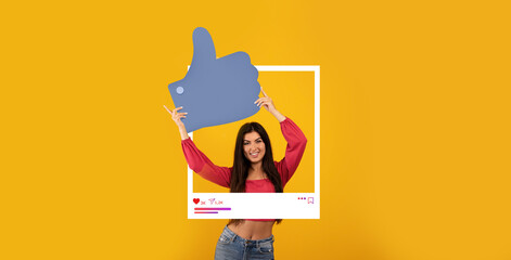 An influencer poses joyfully with a large thumbs up icon, surrounded by a bright yellow background....