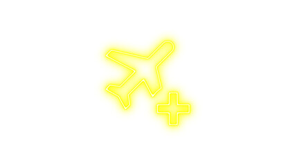 Neon airplane icon with a plus sign, symbolizing travel or aviation services, Neon airplane plus icon glow with transparent background