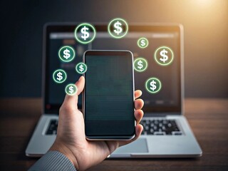Mobile payment and financial transactions concept with smartphone and dollar signs. 