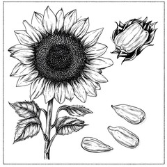 Professional hand-drawn sketch set of sunflowers and sunflower seed for design projects