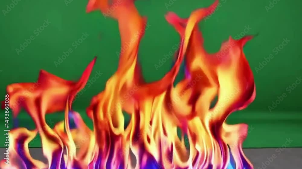 Poster vibrant fiery flames: dynamic animation on green screen background - abstract visual art with intens