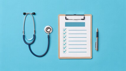 Medical checklist with stethoscope and pen on blue background.