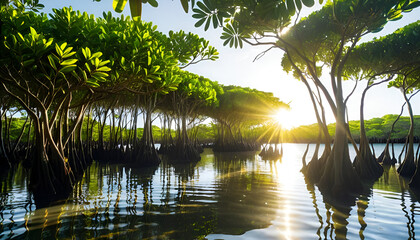 Obraz premium Sunlit Mangrove Forest at Golden Hour Water Reflections