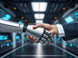 Human and robot handshake in futuristic technology environment.