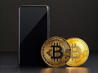 Smartphone with bitcoin coins representing cryptocurrency and digital transactions