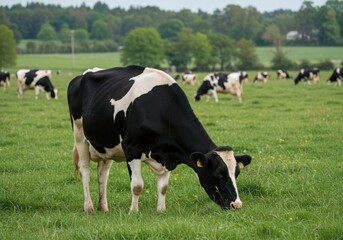 Cows grazing in a green meadow on a cloudy day