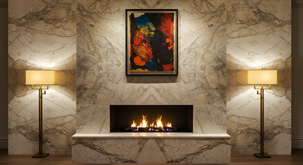 Naklejka premium Elegant Living Room Interior With Modern Fireplace And Artistic Accents