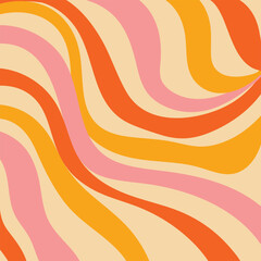 Vibrant abstract background with retro wavy lines in psychedelic and groovy 70s style. Colorful curved stripes create a dynamic, flowing composition perfect for vintage-inspired design, music posters,