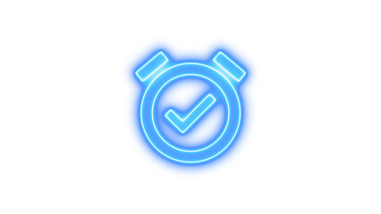 Glowing neon icon of a clock with a check mark inside, symbolizing time management or punctuality, Neon alarm check icon glow