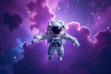 a centered astronaut floating in zero gravity, arms slightly spread in a pose of wonder, surrounded by a nebula like background with gentle purples and blues, stars scattered throughout the image