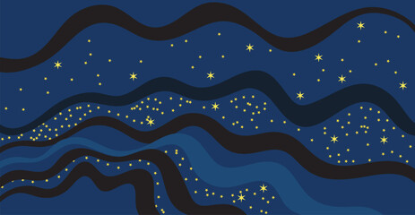 A captivating horizontal dark blue background with smooth abstract waves and sparkling stars. Perfect for banner designs, 