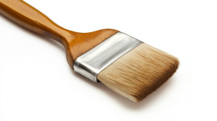 Fototapeta premium A wide paintbrush with smooth bristles and a wooden handle, isolated on a plain white background. 