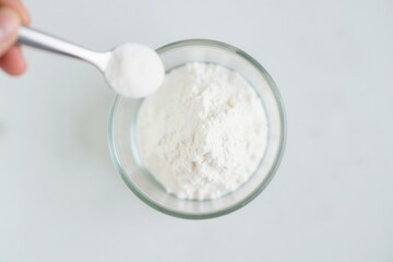 overhead shot of probiotic powder being added into a glass of water with a spoon, set against a light grey background and center space for copy.