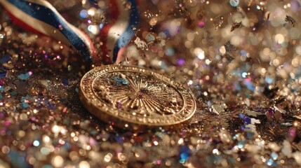 Fototapeta premium Gold Medal with Ribbons Surrounded by Colorful Sparkles and Glitter for Celebratory Themes and Icons