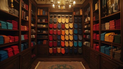 Luxurious room filled with richly colored folded apparel, neatly organized on wooden shelves and displayed on a wall