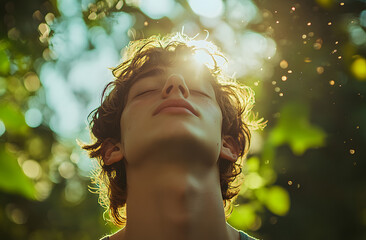 Young man breathes fresh air in natural atmosphere. Adult guy tilts head up and closes eyes in forest and blue sky. He enjoys vacation, meditates, feels calm.