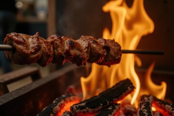 juicy steak on a skewer suspended above hot coals, flames rising in the background with heavy depth of field and space on right for text.