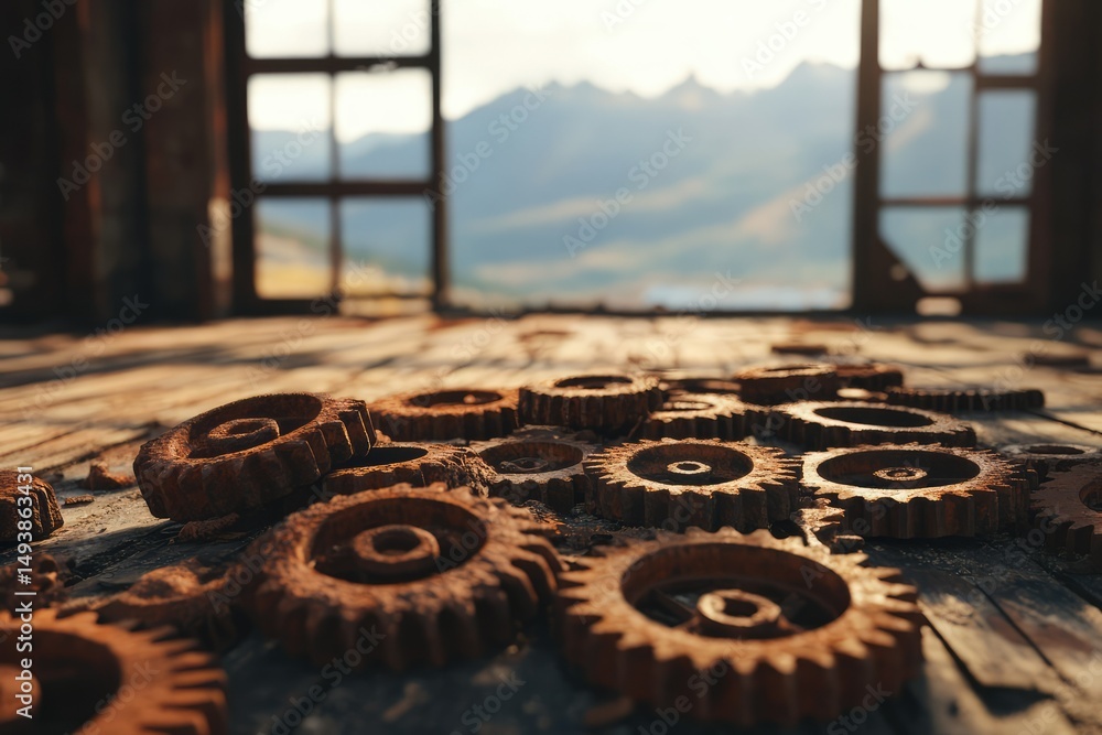 Poster rusty gears scattered on a wooden floor against a backdrop of a mountain view through a dilapidated 