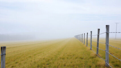 Fototapeta premium Fence Line Vanishing Into The Fog Near Nottoway Plantation Land