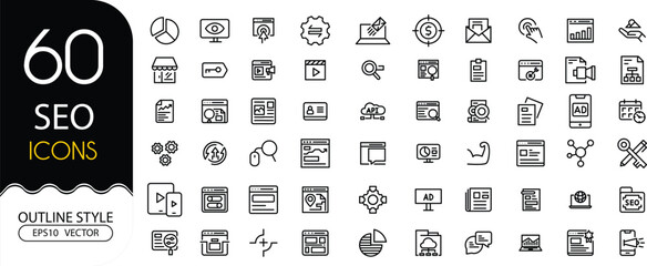 Set of 60 outline icons related to SEO, Search engine optimization. Linear icon collection. Line Editable Icons set. Vector illustration, EPS10