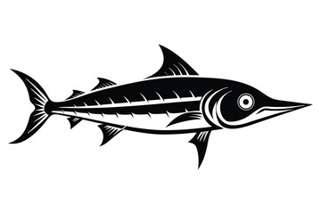 Stylized Black Swordfish Silhouette, Elegant Fish Illustration with Fins and Spearlike Bill, Marine Life