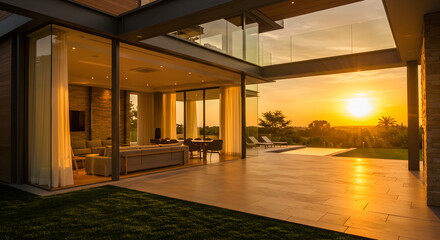 Fototapeta premium Luxury Home With Open Layout Offering Panoramic Sunset Views From Patio