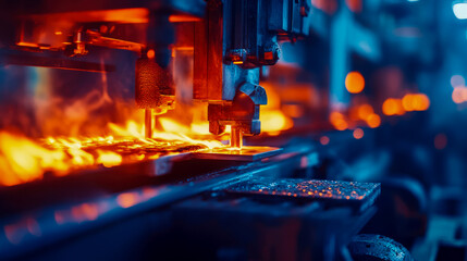 Industrial machine in operation with molten metal sparks