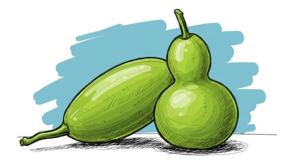 Vivid artistic representation showcases pair of green ash gourds with nuanced detail