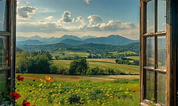 Beautiful countryside view through open window